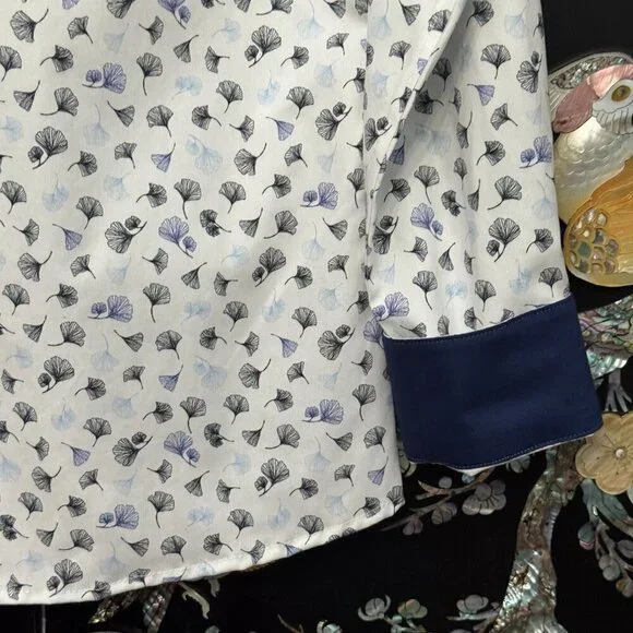 Paul Fredrick Slim Dress Shirt 15 White Blue Ginkgo Floral Flip Cuff Long Sleeve - Picture 3 of 10